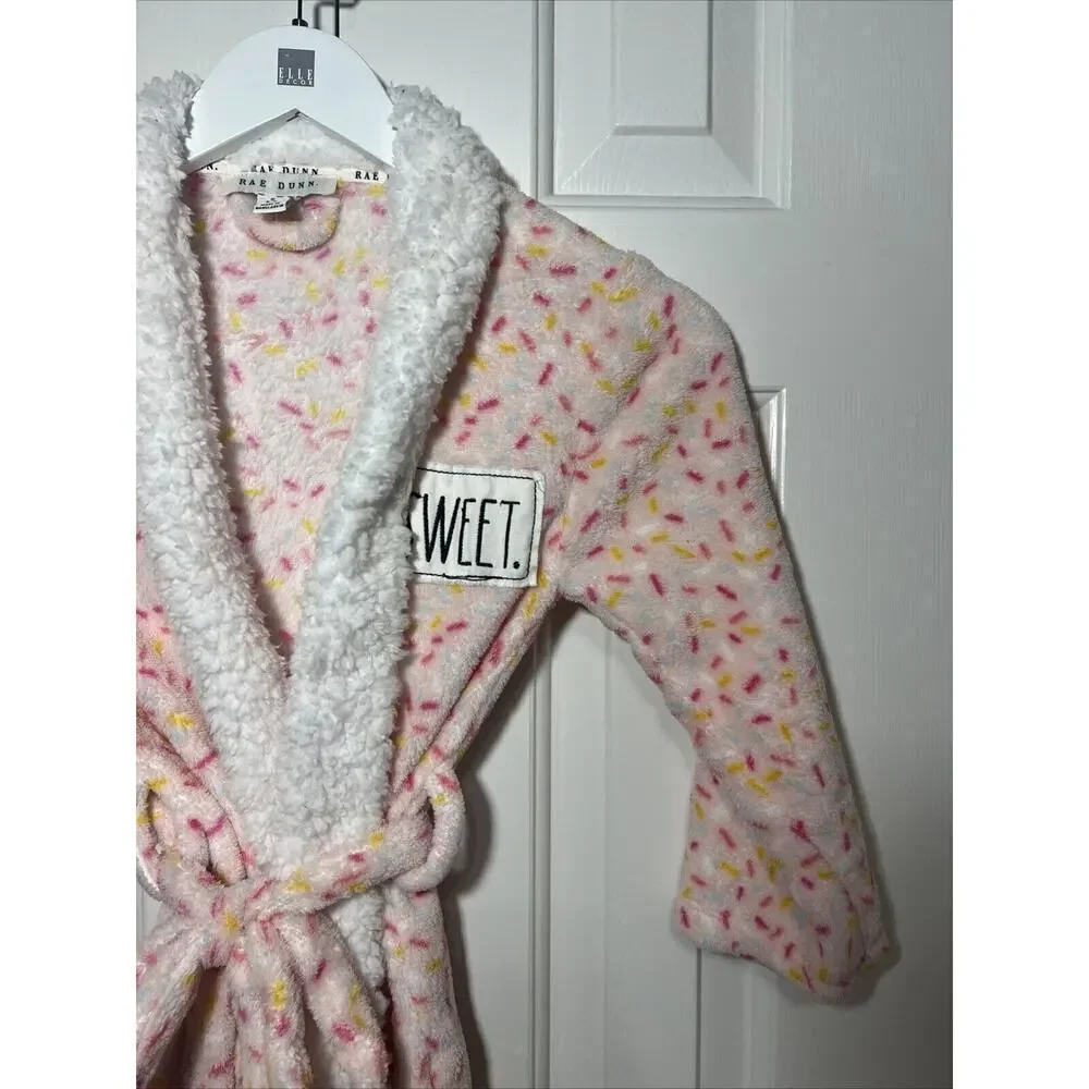 Rae Dunn Kids Girls Sprinkle Print Plush‎ Robe Size S 5/6 Pink White Sweet